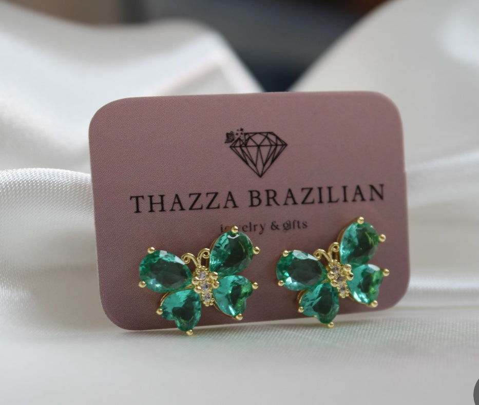 18K Gold Plated butterfly Earrings with green stone studded with zircons